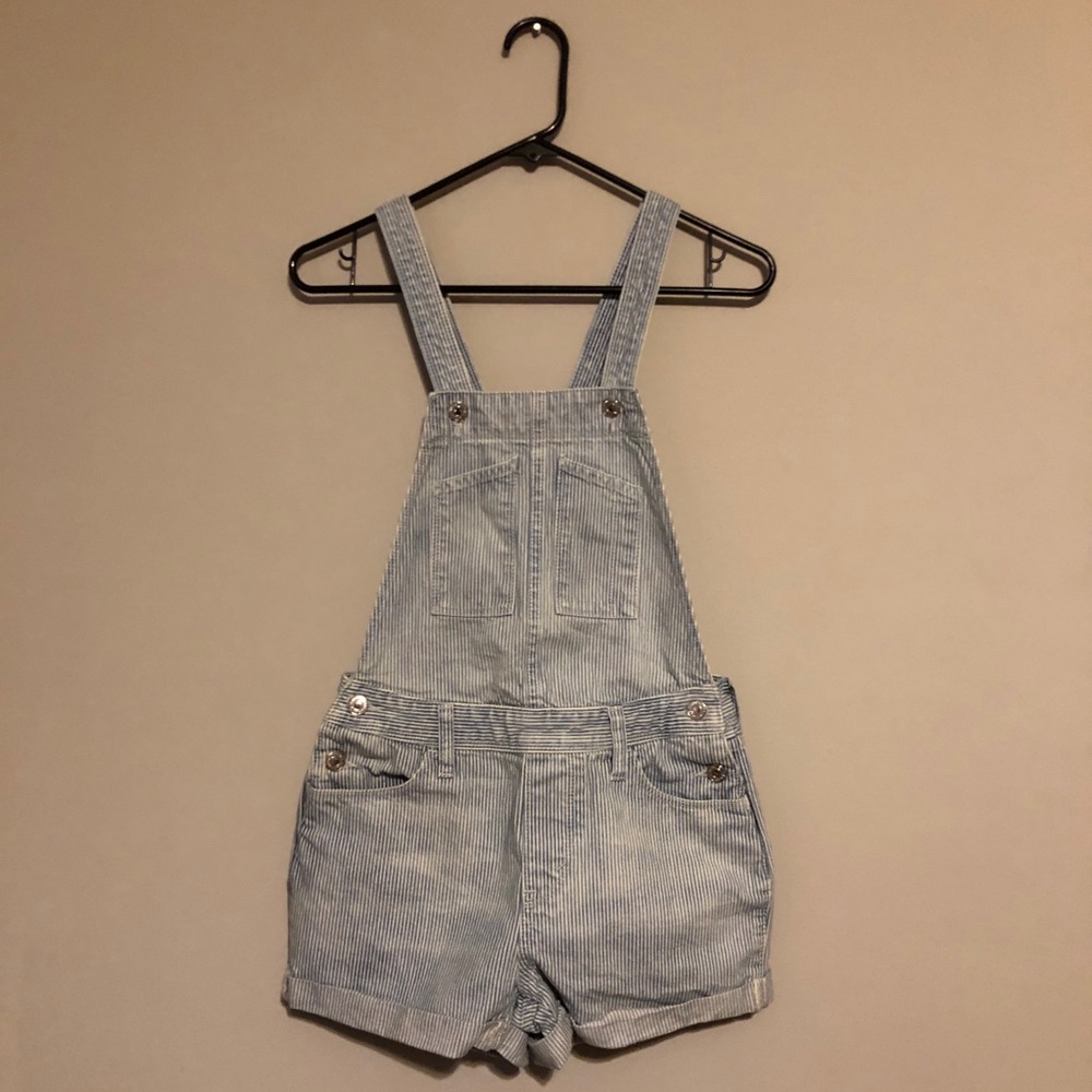 Levi's light blue striped denim short overalls